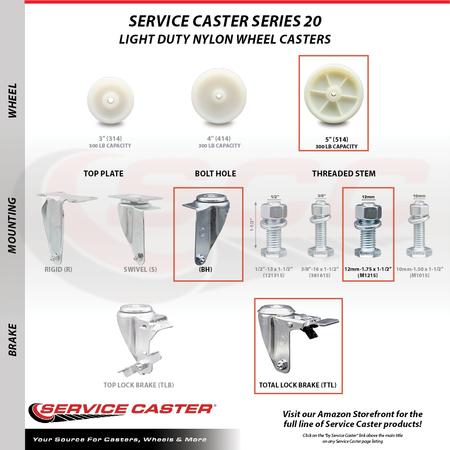 Service Caster 5 Inch SS Nylon Wheel Swivel 12mm Threaded Stem Caster with Total Lock Brake SCC-SSTSTTL20S514-NYS-M1215